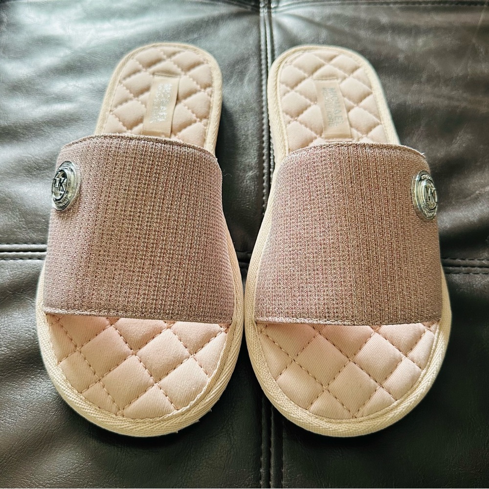 Michael Kors Womens Janis Soft Pink Slide Glitter Chain Mesh 40T1JAFA1D Size 7